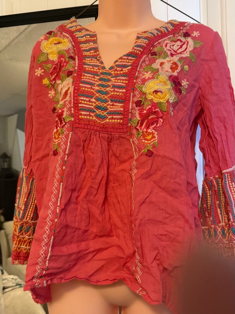 Johnny Was Raspberry Pink Embroidered Peasant Tunic